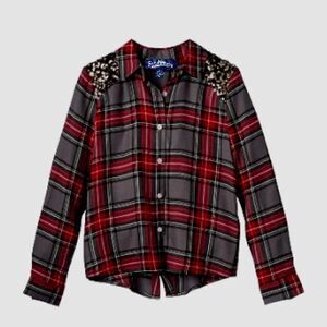 Freshman 1996 Plaid Button-Up Blouse W/ Sequin Bling Shoulders